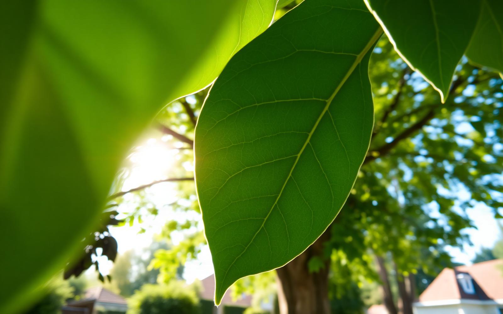 Grande feuille verte d'arbre au premier plan, symbole du travail de Les 4 saisons dans l'Oise